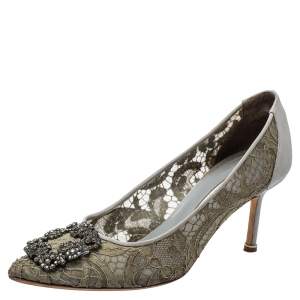 Pre Owned Manolo Blahnik Grey Lace And Satin Hangisi Pointed Toe Pumps Size 38.5