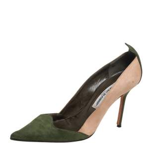 Pre Owned Manolo Blahnik Green/Beige Suede Pointed Toe Pumps Size 38.5