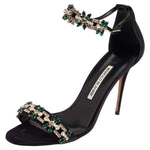 Manolo Blahnik Black Satin Firadou Crystal Embellished Ankle Strap Sandals Size 39.5
