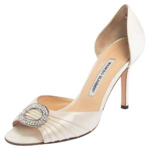 Pre Owned Manolo Blahnik Cream Pleated Satin Sedaraby D'orsay Sandals Size 39.5