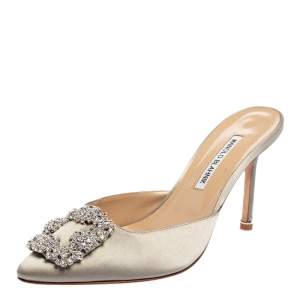 Manolo Blahnik Grey Satin Hangisi Pointed Toe Mules Size 38