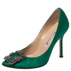 Pre Owned Manolo Blahnik Emerald Green Satin Hangisi Pumps Size 34.5