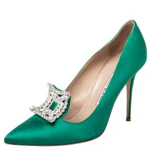 Pre Owned  Manolo Blahnik Green Satin Borlak Crystal Embellished Pointed Toe Pumps Size 40