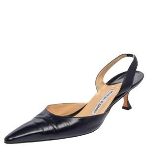 Manolo Blahnik Navy Leather Carolyne Pointed Toe Slingback Sandals Size 42