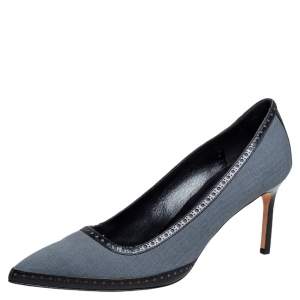 Pre Owned Manolo Blahnik Grey Canvas Brogue Trim Pointed Toe Pumps Size 40
