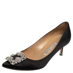 Pre Owned Manolo Blahnik Black Satin Hangisi  Pumps Size 37.5