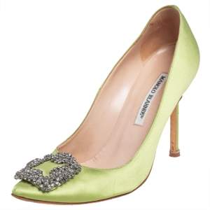 Pre Owned Manolo Blahnik Neon Green Satin Hangisi Pumps Size 39