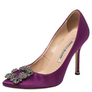 Pre Owned Manolo Blahnik Purple Satin Hangisi Pumps Size 34.5