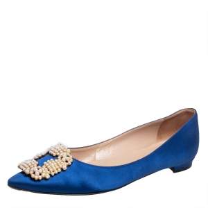 Pre Owned Manolo Blahnik Blue Satin Hangisi Pearl Embellished Flats Size 36