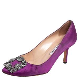 Pre Owned Manolo Blahnik Purple Satin Hangisi Embellished Pumps Size 36
