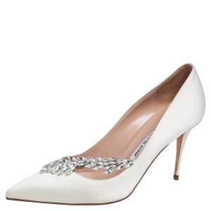 Pre Owned Manolo Blahnik Cream Satin Jewel Nadira Pointed Toe Pumps Size 40