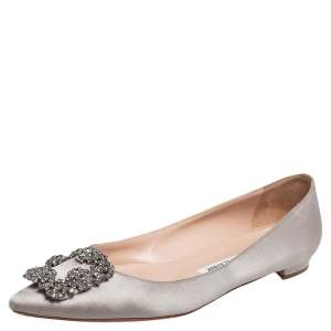 Pre Owned Manolo Blahnik Grey Satin Hangisi Ballet Flats Size 37.5