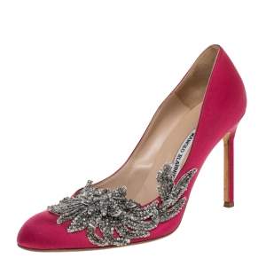 Pre Owned Manolo Blahnik Pink Satin Embellished Swan Pumps Size 41