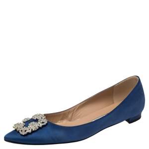 Pre Owned Manolo Blahnik Royal Blue Satin Hangisi Embellished Ballet Flats Size 40