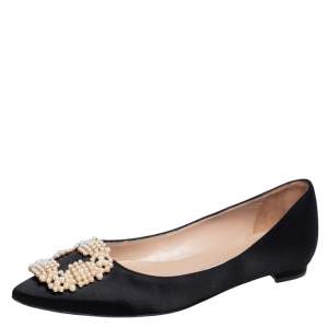 Pre Owned Manolo Blahnik Black Satin Hangisi Pearl Embellished Ballet Flats Size 37