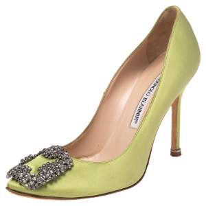 Pre Owned Manolo Blahnik  Apple Green Satin Hangisi Pumps Size 35.5