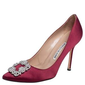 Pre Owned Manolo Blahnik Burgundy Satin Hangisi Pumps Size 39