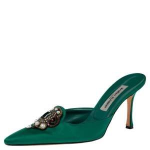 Pre Owned Manolo Blahnik Green Satin Hangisi Sandals Size 41