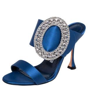 Pre Owned Manolo Blahnik Blue Satin Fibiona Crystal Embellished Mules Size 35.5