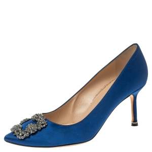 Pre Owned Manolo Blahnik Blue Satin Hangisi Pumps Size 39