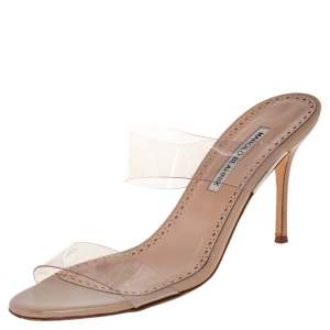 Pre Owned Manolo Blahnik  Beige PVC And Leather Slide Sandals Size 39.5