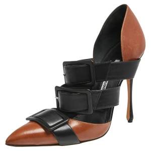 Pre Owned Manolo Blahnik Black/Brown Leather Buckle Details Pointed Toe Pumps Size 39