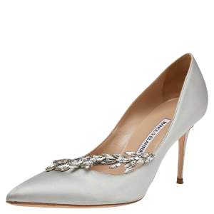 Pre Owned Manolo Blahnik Grey Satin Jewel Nadira Pointed Toe Pumps Size 39