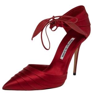 Pre Owned Manolo Blahnik Red Satin Reya Pleated Pointed Toe Ankle Wrap Pumps Size 37