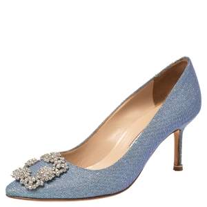 Pre Owned Manolo Blahnik Blue Glitter Fabric Hangisi Pumps Size 36.5