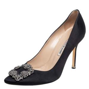 Pre Owned Manolo Blahnik Black Satin Hangisi Pointed Toe Pumps Size 38