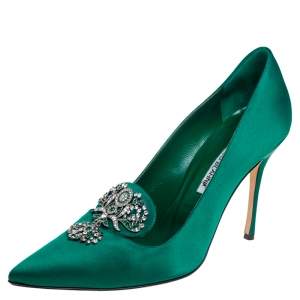 Pre Owned Manolo Blahnik Emerald Green Satin Embellishment Pumps Size 39.5