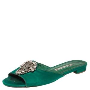 Pre Owned Manolo Blahnik Green Satin Crystal Martamod Flat Sandals size 37