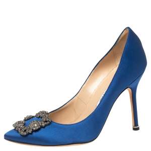 Pre Owned Manolo Blahnik Blue Satin Hangisi Pointed Toe Pumps Size 38