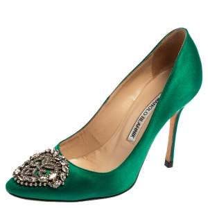 Pre Owned Manolo Blahnik Green Satin Okkava Pointed Toe Pumps Size 35.5