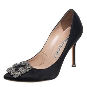 Pre Owned Manolo Blahnik  Black Satin Hangisi Pumps Size 35.5