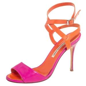 Pre Owned Manolo Blahnik Fuschia Pink/Orange Leather Ankle Strap Sandals Size 38