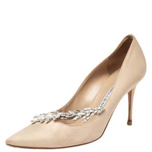 Pre Owned Manolo Blahnik Beige Satin Nadira Pumps Size 38.5