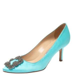 Pre Owned Manolo Blahnik Aqua Blue Satin Hangisi Embellished Pointed Toe Pumps Size 35.5