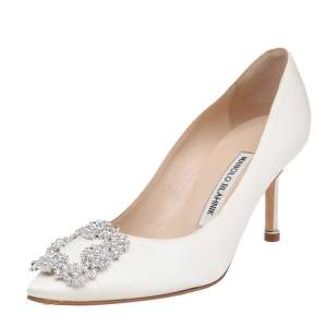 Pre Owned Manolo Blahnik White Satin Hangisi Pumps Size 36.5