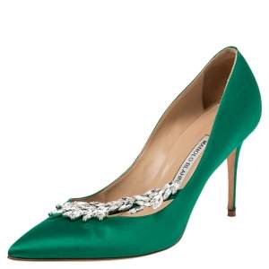 Pre Owned Manolo Blahnik Green Satin Nadira Pumps Size 39.5