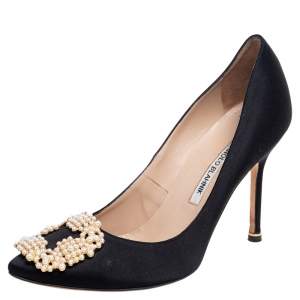 Pre Owned Manolo Blahnik Black Satin Pearl Embellished Hangisi Pumps Size 37.5