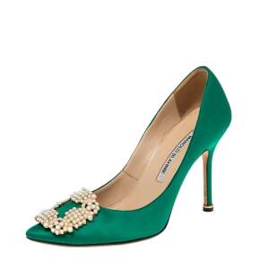 Pre Owned Manolo Blahnik  Green Satin Hangisi Pumps Size 37