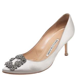 Pre Owned Manolo Blahnik Grey Satin Hangisi Pumps Size 37
