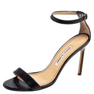 Pre Owned Manolo Blahnik Black Leather Chaos Ankle Strap Sandals Size 39