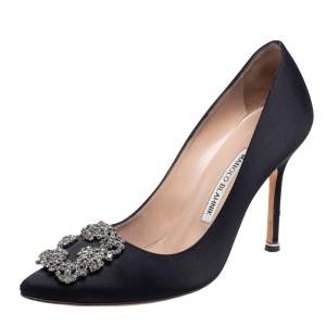 Pre Owned Manolo Blahnik Black Satin Hangisi Embellished Pumps Size 37.5