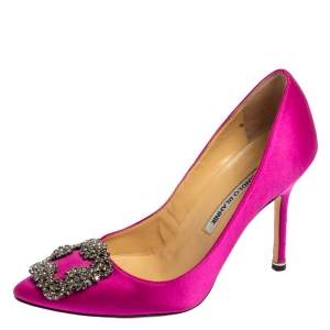 Pre Owned Manolo Blahnik Pink Satin Hangisi Crystal Embellishments Pumps Size 36.5