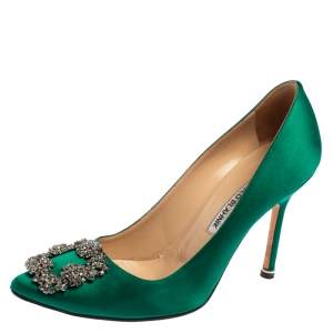 Pre Owned Manolo Blahnik Green Satin Hangisi Pumps Size 37.5