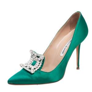 Pre Owned Manolo Blahnik Green Satin Borlak Pumps Size 37