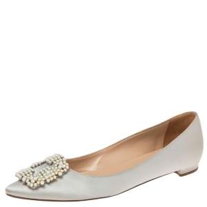 Pre Owned Manolo Blahnik Grey Satin Hangisi Ballet Flats Size 37.5