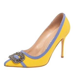 Pre Owned Manolo Blahnik Yellow/Blue Fabric Gotrian Pumps Size 36.5